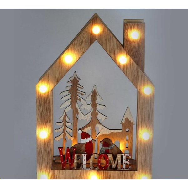 IRIS Karácsonyi ház alakú madarak mintás/20x30x5,5cm/meleg fehér LED-es fa fénydekoráció  (309-02)