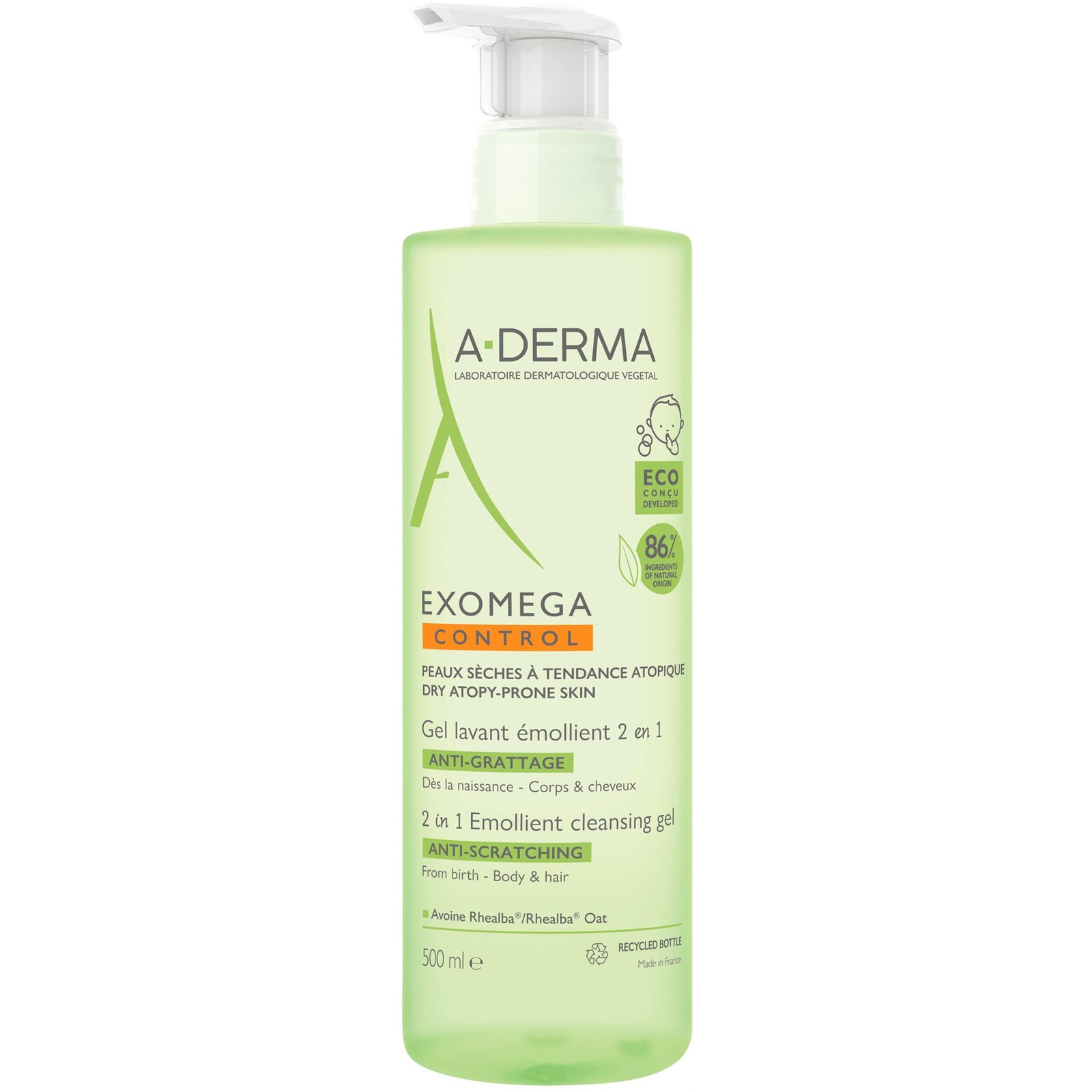 A-DERMA Exomega Control bőrpuhító tisztító gél száraz, atópiára hajlamos bőrre 2 in 1 500 ml (3282770144314)