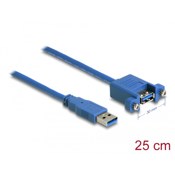 Delock Kábel, USB 3.0-s A típusú bementi csatlakozós > USB 3.0-s A-típusú csatlakozóhüvely, panelrögzítés, 25 cm (86994)