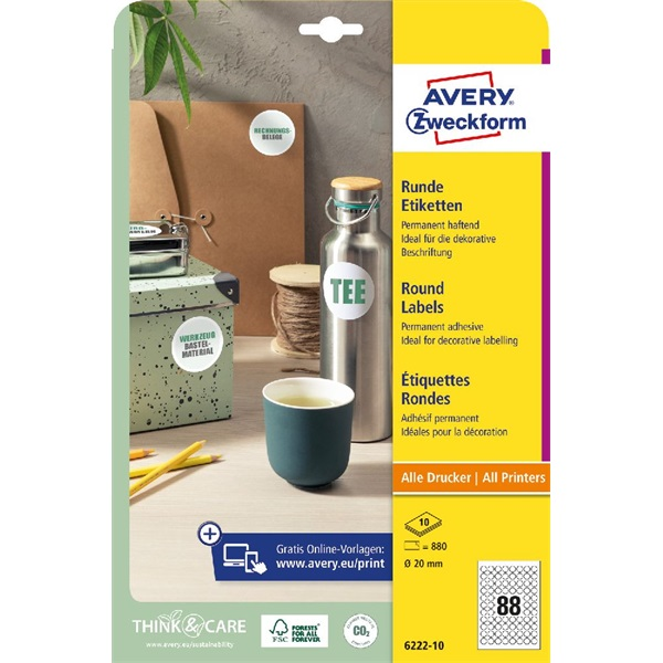 Avery 20mm 10ív 6222-10 univerzális fehér köretikett (6222-10)