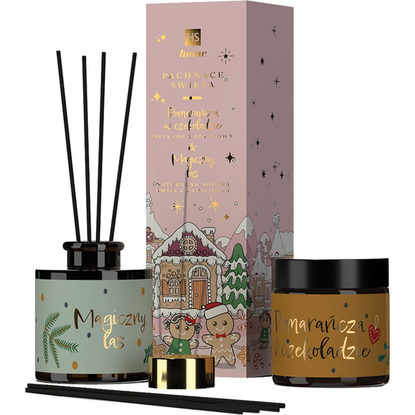Alkotest HISKIN_SET Pachnące Święta dyfuzor zapachowy Pomarańcza z Cynamonem 80ml + naturalna świeca sojowa Magiczny Las 100ml