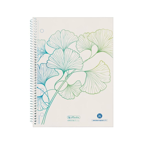 Бележник Herlitz, A5, спирала, 70 стр., рециклирана хартия, 80 g/m2, перфорации, микроперфорации, квадрати, мотив гинко, серия greenline