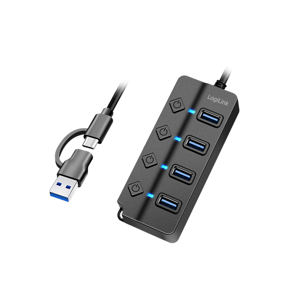Logilink USB 3.2 Gen1 Hub, 4 port, be-/kikapcsoló, fekete (UA0419)