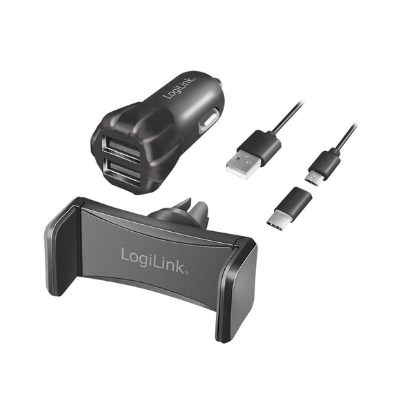 Logilink USB зарядно за кола + поставка за мобилен телефон