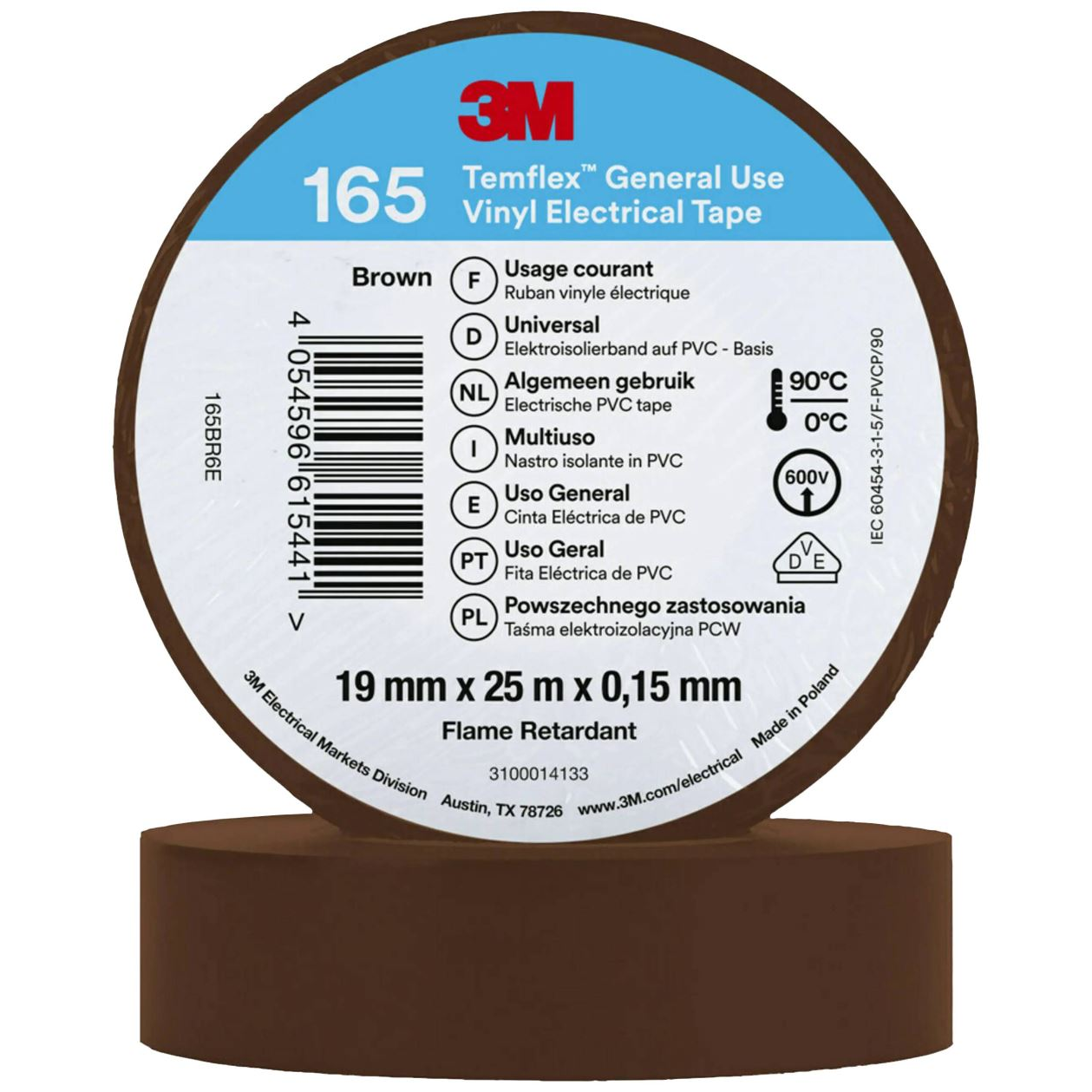 3M Temflex 165 165BR6E vinil szigetelőszalag, barna, 25 m x 19 mm (165BR6E)