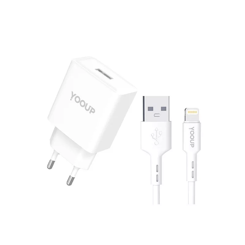 Yooup NC76-A USB-A Hálózati Töltő Adapter 12W + Lightning kábel - Fehér (NC76-A + NB36-5G-1M)