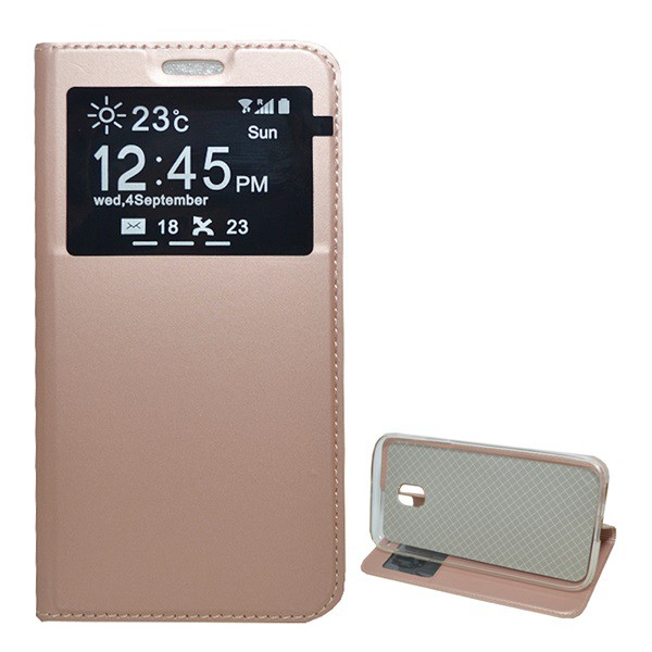 Tok álló, bőr hatású (FLIP, oldalra nyíló, hívókijelzés, asztali tartó funkció, View Window) RÓZSASZÍN [Samsung Galaxy J3 (2017) SM-J330 EU] (5996457712090)