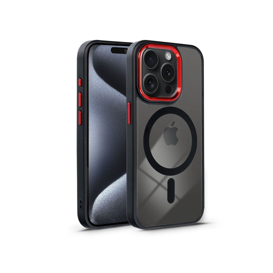 Apple iPhone 15 Pro Max szilikon hátlap - Edge Mag Cover - fekete/piros/átlátszó (PT-6838)