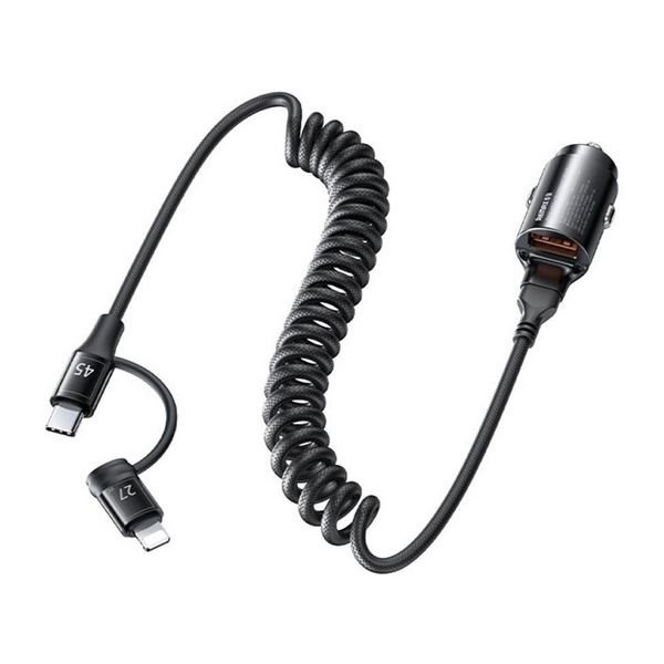 Remax RUICHY autós töltő USB aljzat (45W, PD gyorstöltő + fix spirál Type-C - lightning kábel) FEKETE (RCC356)