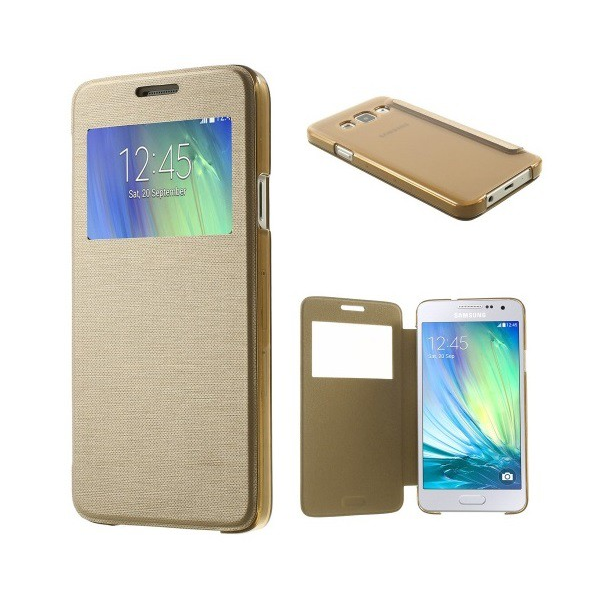Tok álló, bőr hatású (FLIP, oldalra nyíló, S-View cover, szálcsiszolt mintázat) ARANY [Samsung Galaxy A3 (2015) SM-A300F] (5996457513642)