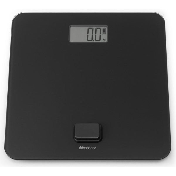 Brabantia ReNew elemmentes fürdőszobai mérleg, 5-150kg között, 0,1kg pontossággal mér, nagy LED kijelzővel, dimanóval tölthető, műanyag test, üveg fedlap, sötétszürke - 281341
