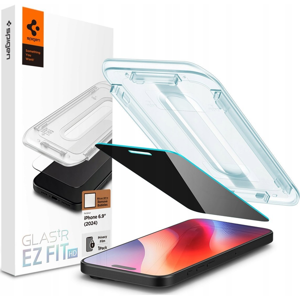 Стъклен филм със система за монтаж, удобна за калъфа Spigen GLAStR EZ FIT, съвместим с iPhone 16 Pro Max Поверителност