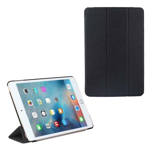 Tok álló, bőr hatású (aktív FLIP, oldalra nyíló, TRIFOLD asztali tartó funkció, textil minta) FEKETE [Apple IPAD 9.7 (2018)] (5996457700400)