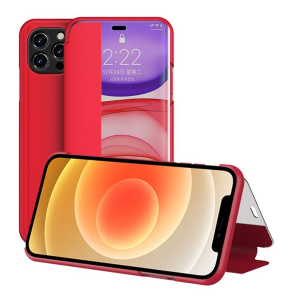 Tok álló, bőr hatású (FLIP, oldalra nyíló, asztali tartó funkció, hívószámkijelzés, View Window) PIROS [Apple iPhone 12 mini] (5996591012841)