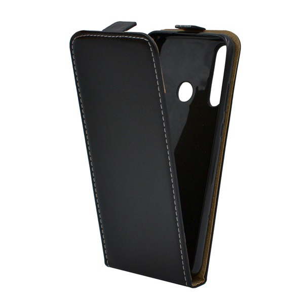 Tok álló, bőr hatású (FLIP, lefelé nyíló, szilikon tartó) FEKETE [Huawei Y6p] (5996457981397)