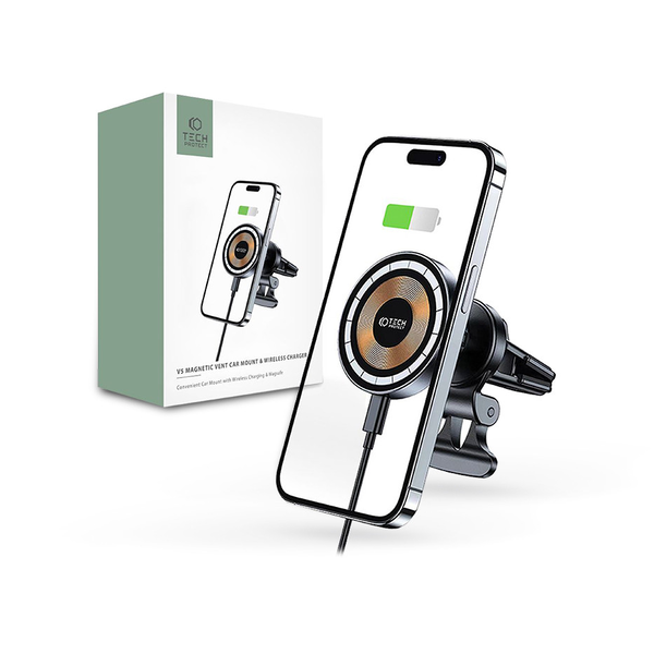 Tech-Protect Qi vezeték nélküli, szellőzőrácsba illeszthető autós               tartó/gyorstöltő MagSafe vezeték nélküli funkcióval - Tech-Protect MM15W-V5 -   fekete (FN0560)