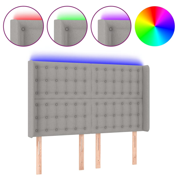 Tăblie de pat cu LED, gri deschis, 147x16x118/128 cm, textil