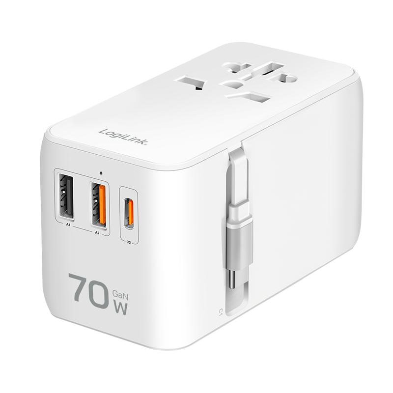 LogiLink Univerzális utazó tápegység, 70 W (PD), 4x csatlakozások + kábel, tűzálló, fehér (PA0357) (PA0357)