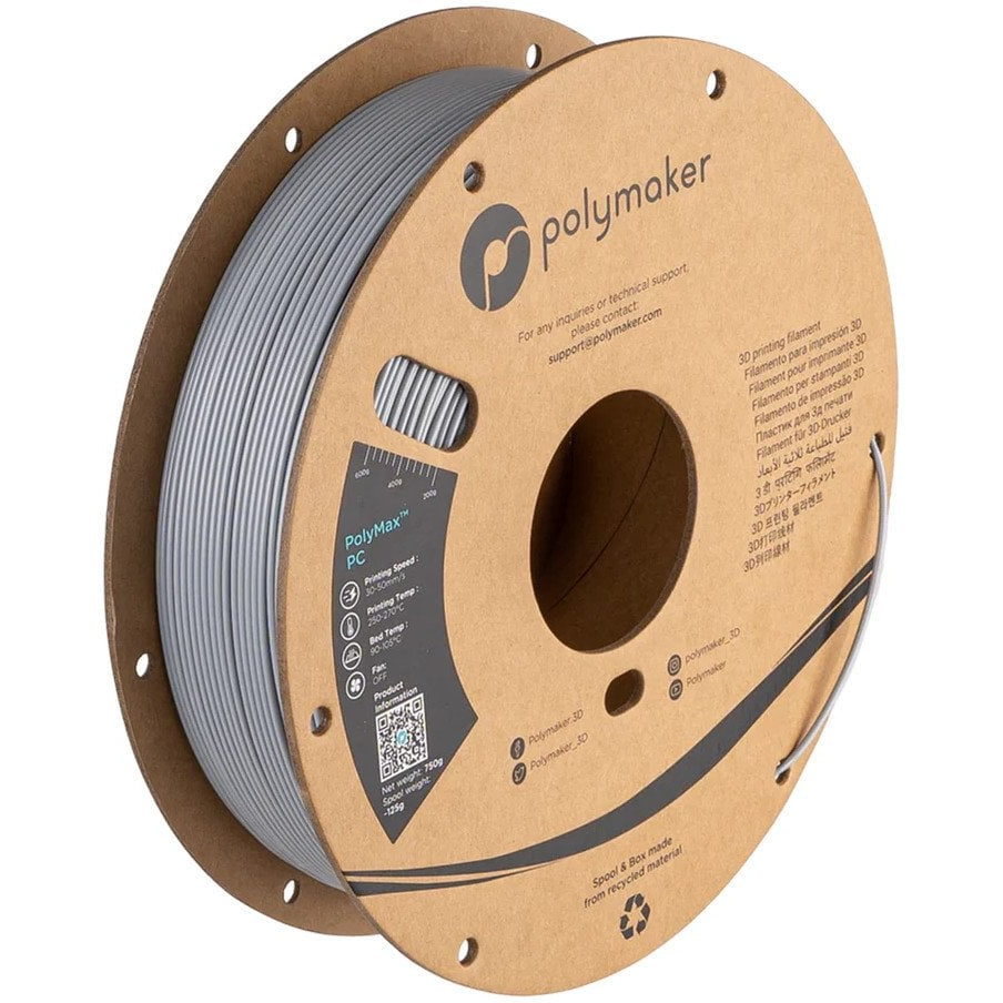 Polymaker PC02005 3D nyomtatószál PC (polikarbonát) ütésálló, hőálló 1.75 mm 750 g Szürke PolyMax™ 1 db (PLM-25197)