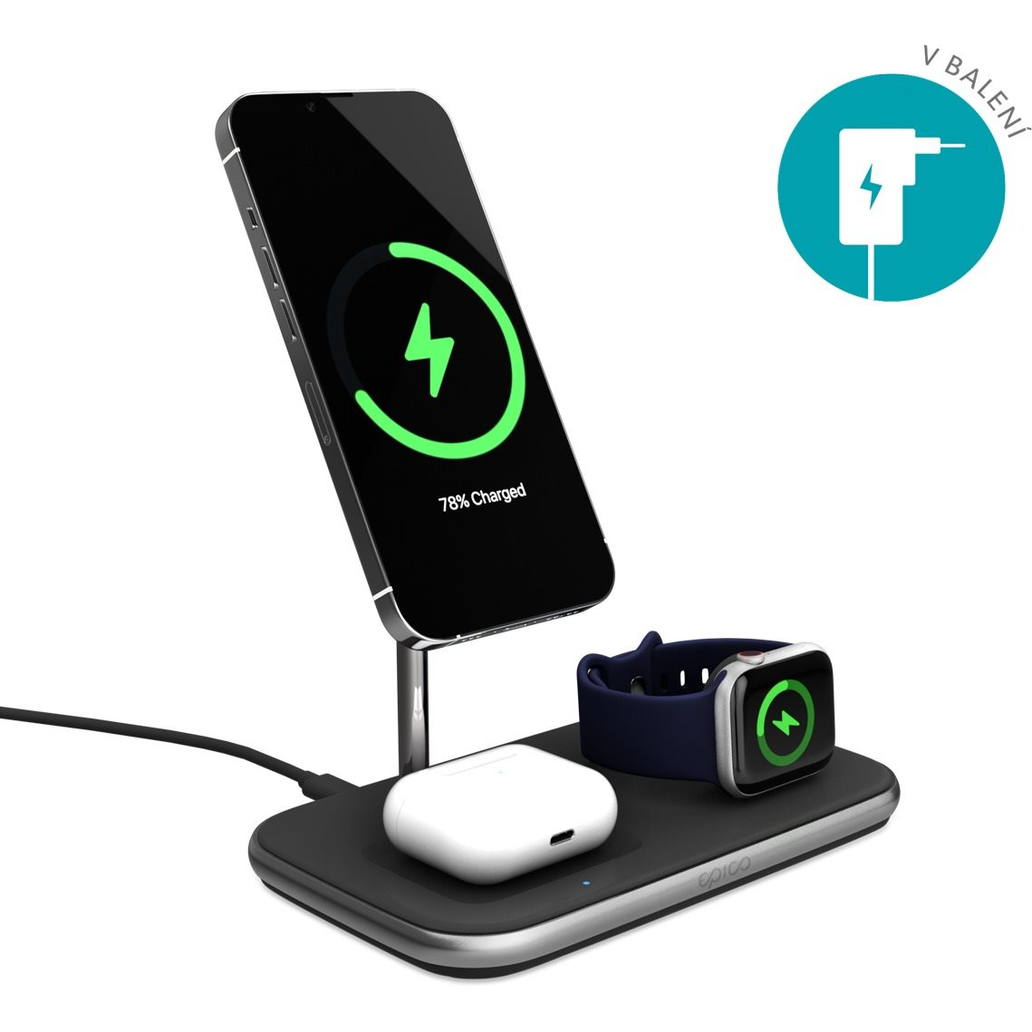 Epico 3in1 vezeték nélküli töltő Made for MagSafe adapterrel a csomagban - fekete (9915101300199)