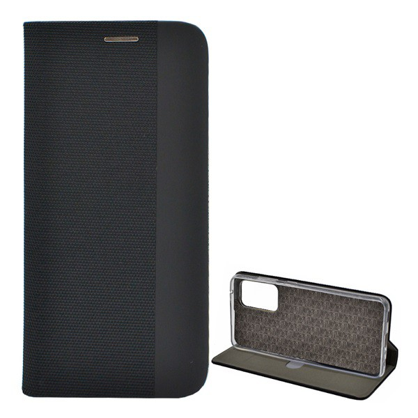 Tok álló, bőr hatású (FLIP, oldalra nyíló, asztali tartó funkció, textil minta) FEKETE [Samsung Galaxy A52s 5G (SM-A528)] (5996591041339)