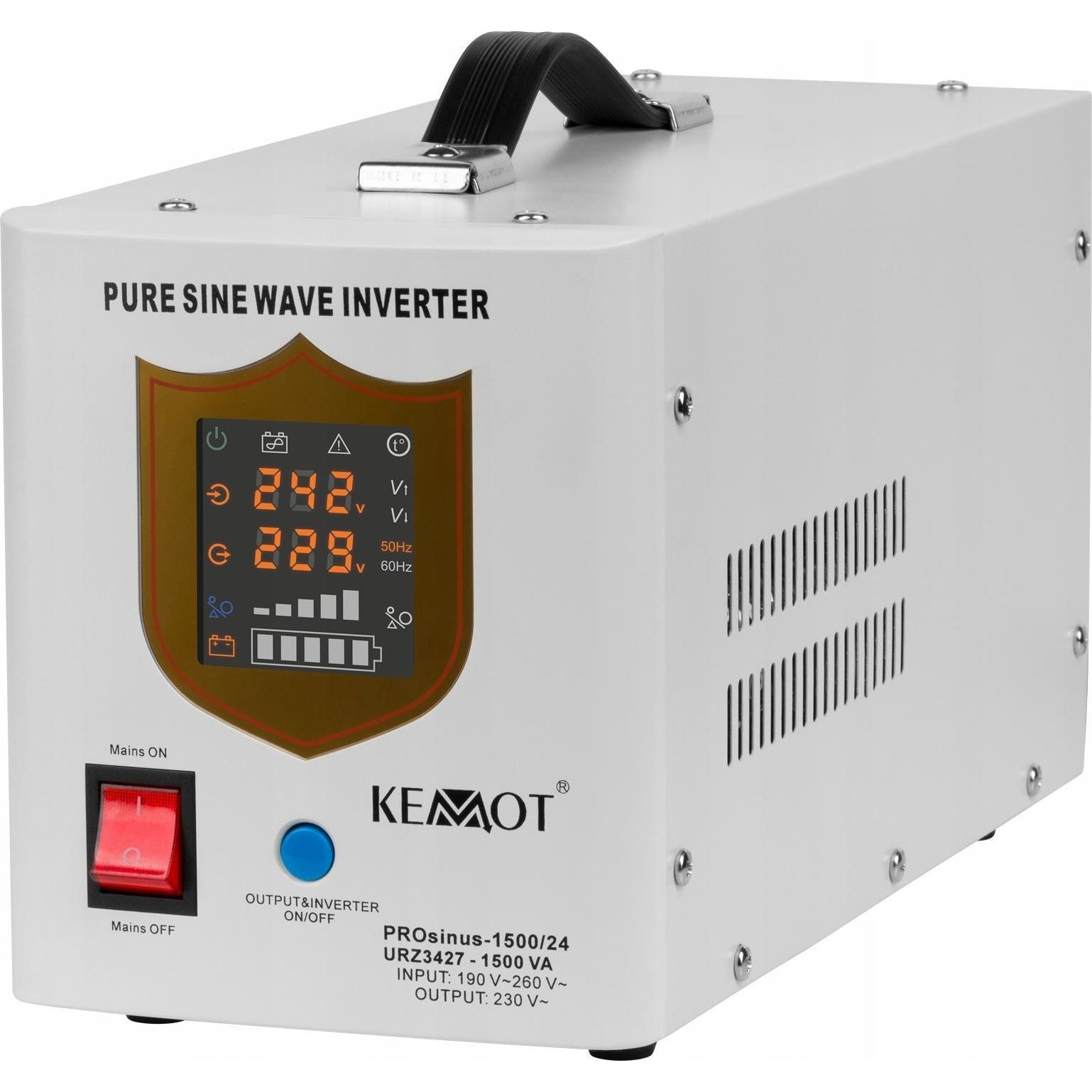 Kemot UPS Prosinus-1500/24 Tiszta Szinuszhullámú Inverter 24V 230V 1500VA/1050W Töltési Funkcióval (URZ3427)