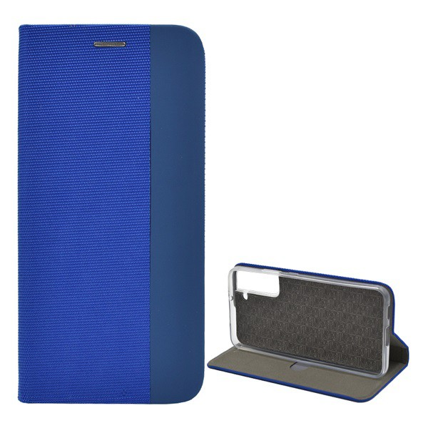 Tok álló, bőr hatású (FLIP, oldalra nyíló, asztali tartó funkció, textil minta) KÉK [Samsung Galaxy S22 Plus 5G (SM-S906)] (5996591151991)