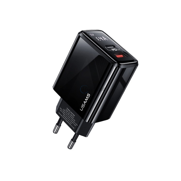 Usams T40 Hálózati USB-A + USB-C töltő - Fekete (20W) (USA000902)