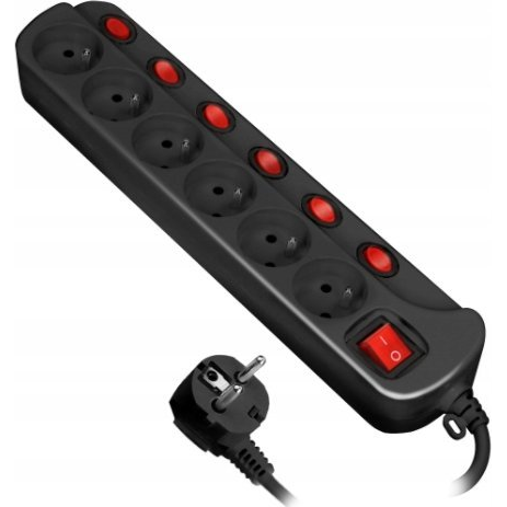 Orno "Multiswitch" Tápegység, 6 db 2P+Z Aljzat, Kábel 3x1,0 m m, 1,5 m HőKapcsoló 10A/230Vac, Fekete