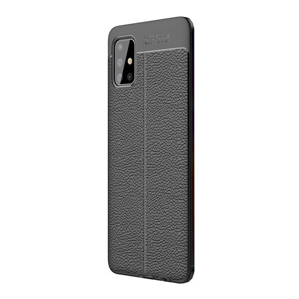 Szilikon telefonvédő (közepesen ütésálló, bőr hatású, varrás minta) FEKETE [Samsung Galaxy A51 (SM-A515F)] (5996457926992)