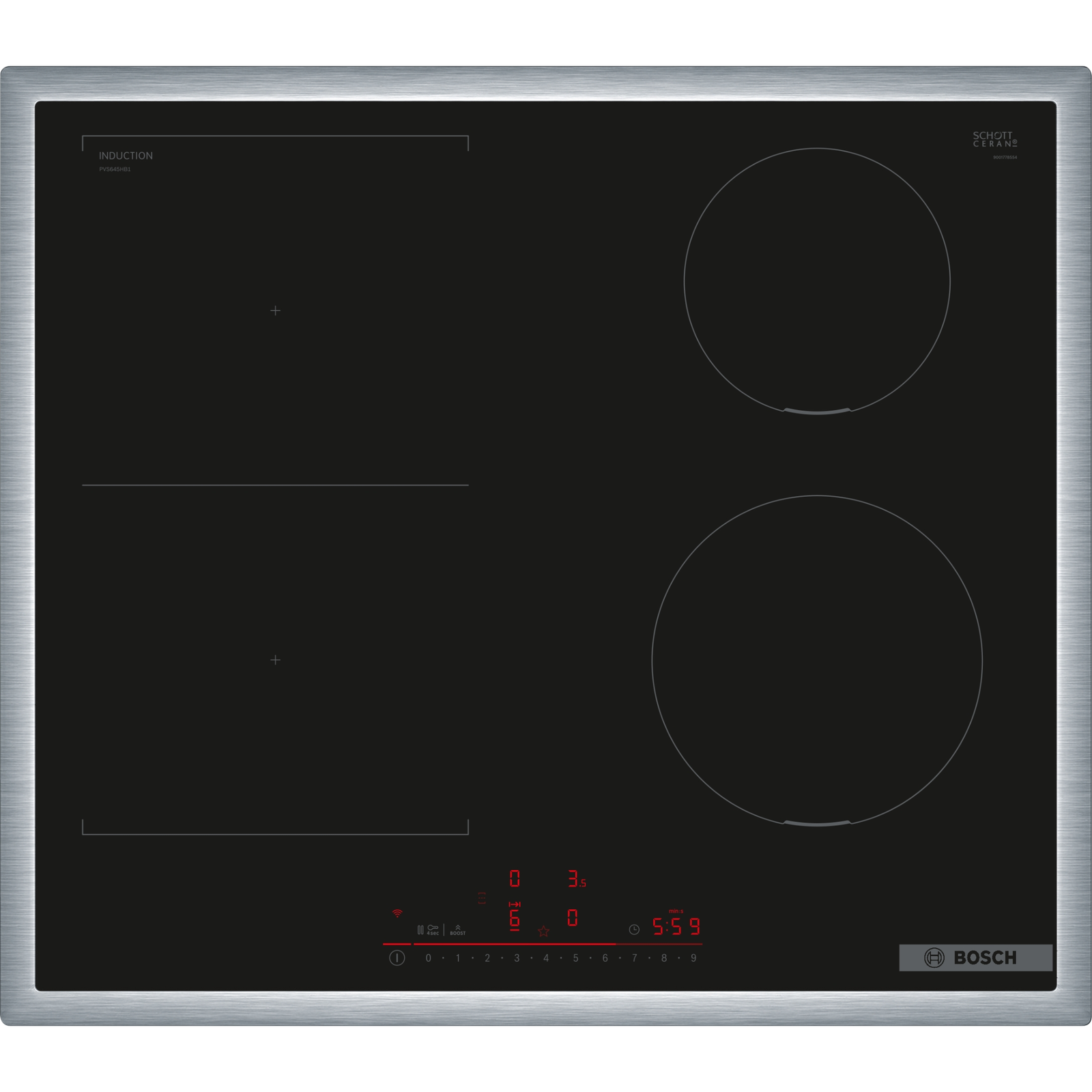 Bosch Serie 6 PVS645HB1E főzőlap Fekete Beépített 60 cm Zónás indukciós főzőlap 4 zóna (PVS645HB1E)