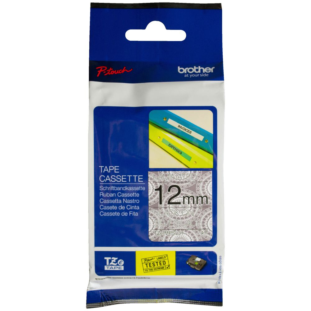Brother TZe-MPSL31 P-touch 12mm x 4 méter laminált szalag - Ezüstszínű csipkeminta alapon fekete (TZEMPSL31)