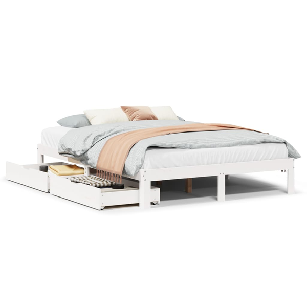 fehér tömör fenyőfa ágykeret fiókokkal 160 x 200 cm