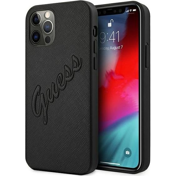 Guess PU Saffiano Vintage Script Apple iPhone 12 Pro Max hátlap tok, fekete (GUE987BLK)