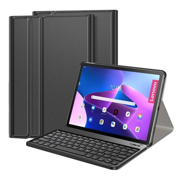 Калъф за таблет Gigapack, кожен ефект, флип, Bluetooth клавиатура, стойка за бюро, QWERTY клавиатура, английски език, държач за молив, черен, съвместим с: Lenovo Tab M10 Plus, TB125, WIFI / Tab M10 Plus, TB128, LTE