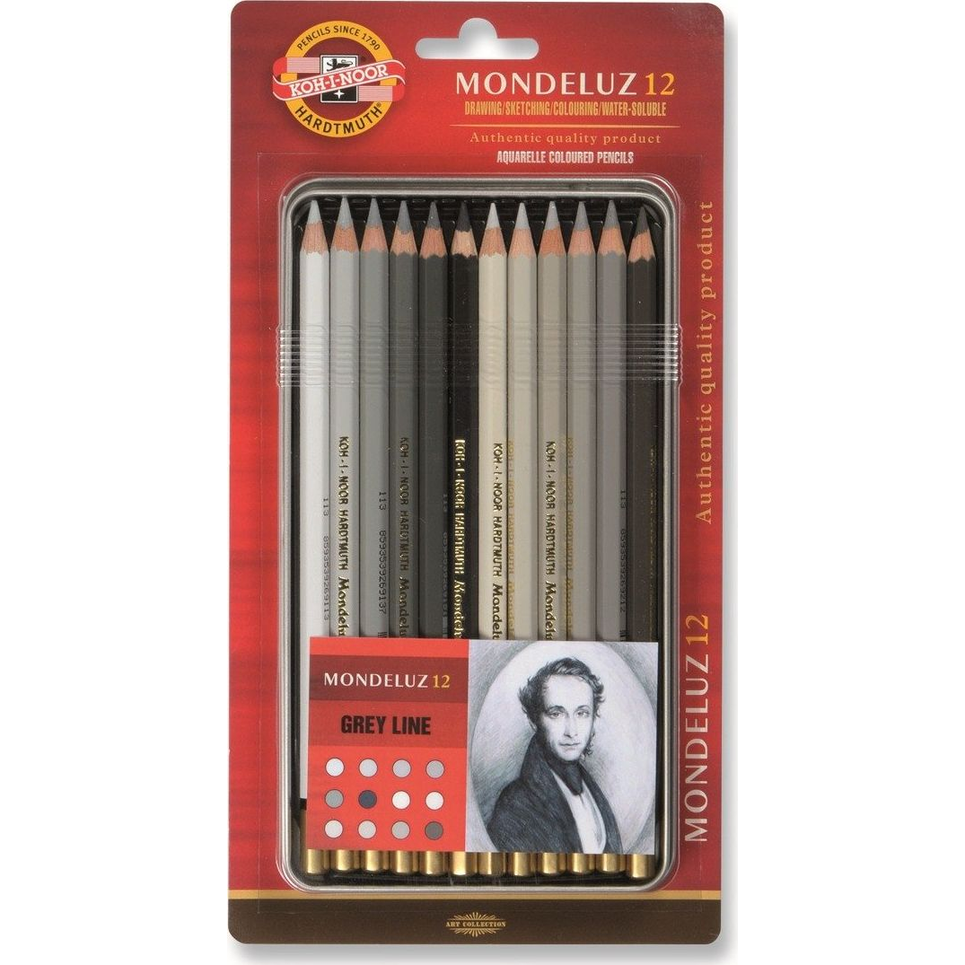 Koh-i-noor Mondeluz 3722/12 Umělecké pastelky, šedá řada, v plechovém pouzdře 12 ks (00253KH)