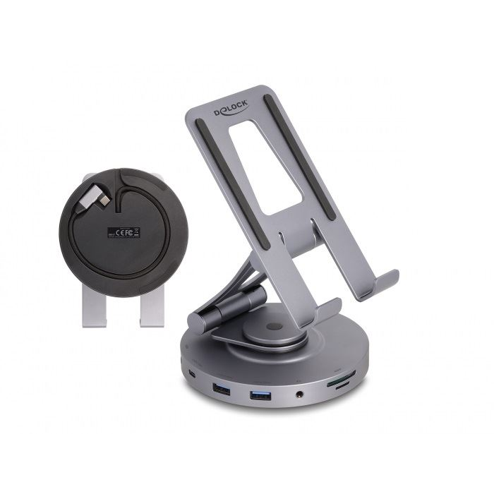 Delock Tablet és laptop dokkoló állomás 4K beépített tartóval - HDMI / USB / Hub / SD / Micro SD / PD 3.0 - 360 forgatható (88017) (88017)