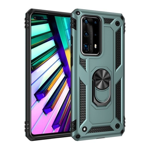 Samsung Galaxy A21 SM-A210F, Пластмасов заден капак, средна устойчивост на удар, силиконова вътрешна част, пръстен за държач за телефон, Defender, зелен (89760)