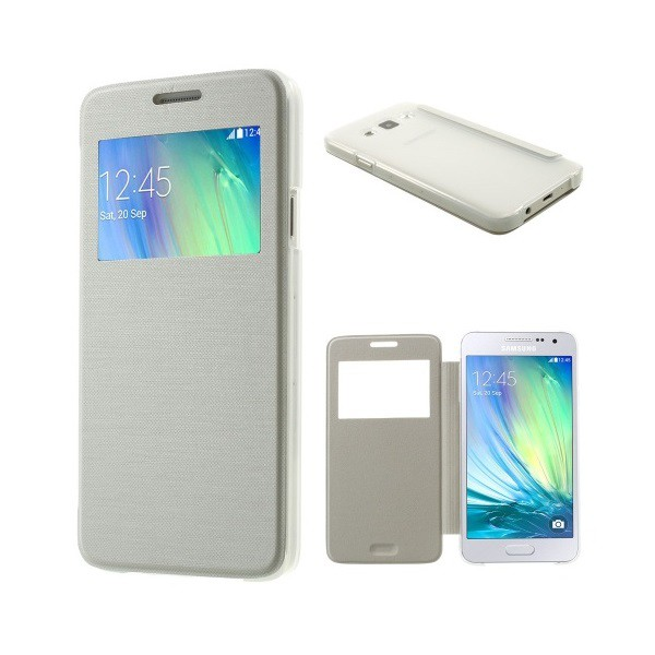 Tok álló, bőr hatású (FLIP, oldalra nyíló, S-View cover, szálcsiszolt mintázat) FEHÉR [Samsung Galaxy A3 (2015) SM-A300F] (5996457513666)
