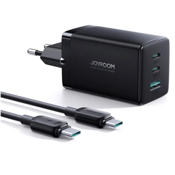JOYROOM hálózati töltő USB-A + 2xUSB-C aljzat + USB-C - USB-C kábel (65W, GaN, PD gyorstöltő 3.0) fekete (TCG01) (TCG01)
