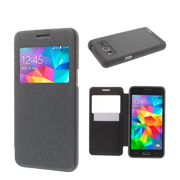 MERCURY Wow Bumper tok álló, bőr hatású (FLIP, oldalra nyíló, S-View cover, textil minta) SZÜRKE [Samsung Galaxy Grand Prime 2015 (SM-G531F)] (5996457530878)