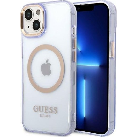 Guess Gold Outline Translucent MagSafe Apple iPhone 14 hátlap tok, lila (GUE2321)
