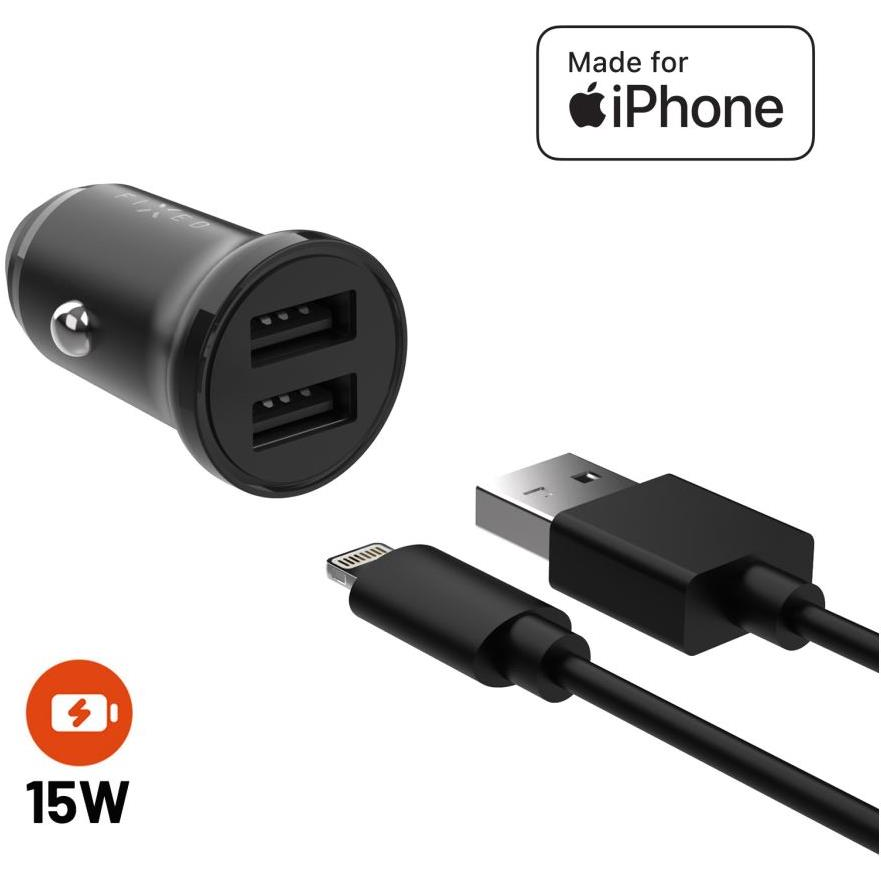 FIXED 2× USB kimenet + USB/Lightning kábel, 1 m, MFi, 15 W, Smart Rapid Charge, fekete (FIXCC15N-2UL-BK)
