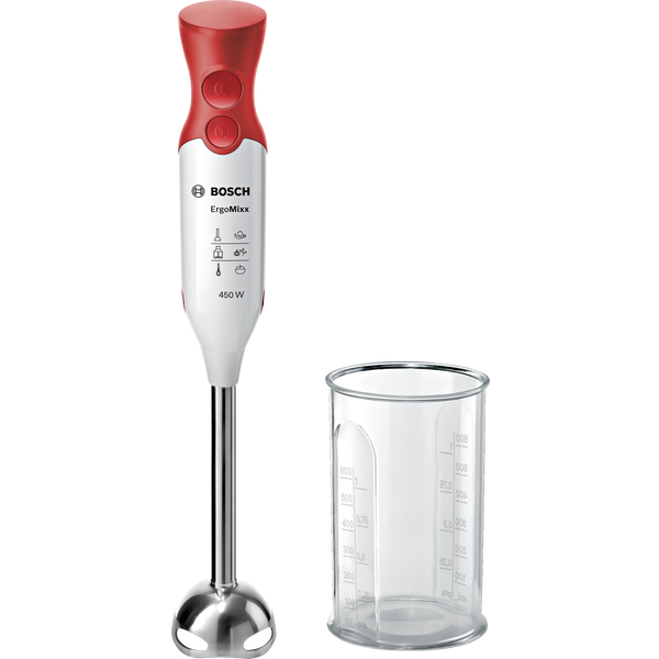 Пасатор Bosch MSM64110, 450 W, 0.7 л, 1 Скорост + Фунцкия Turbo, Подвижен иноксов накрайник, Червен/Бял