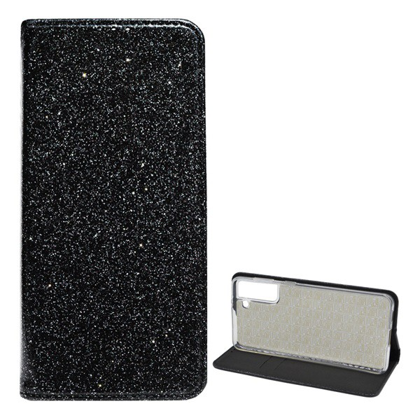 Tok álló, bőr hatású (FLIP, szilikon belső, oldalra nyíló, asztali tartó funkció, bankkártya tartó, csillogó) FEKETE [Samsung Galaxy S21 Plus (SM-G996) 5G] (5996591033235)