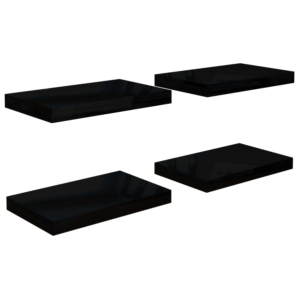 4 db magasfényű fekete MDF lebegő fali polc 40 x 23 x 3,8 cm (323765)