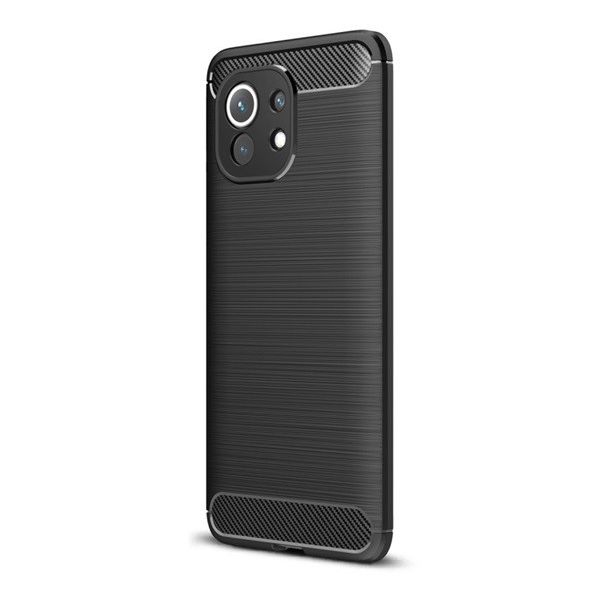 Szilikon telefonvédő (közepesen ütésálló, légpárnás sarok, szálcsiszolt, karbon minta) FEKETE [Xiaomi Mi 11 5G] (5996591036786)