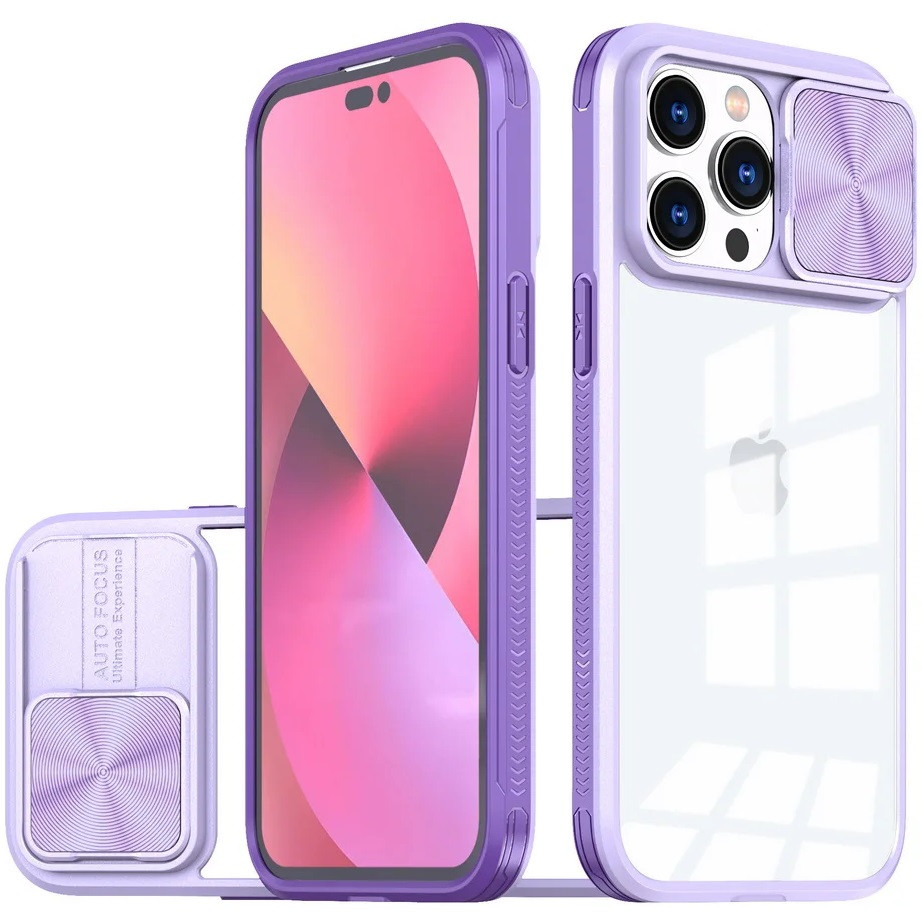 Apple iPhone 14, Műanyag hátlap + szilikon keret, átlátszó akril hátlap, kamera védelem, Wooze Trendy, lila (TS4001)