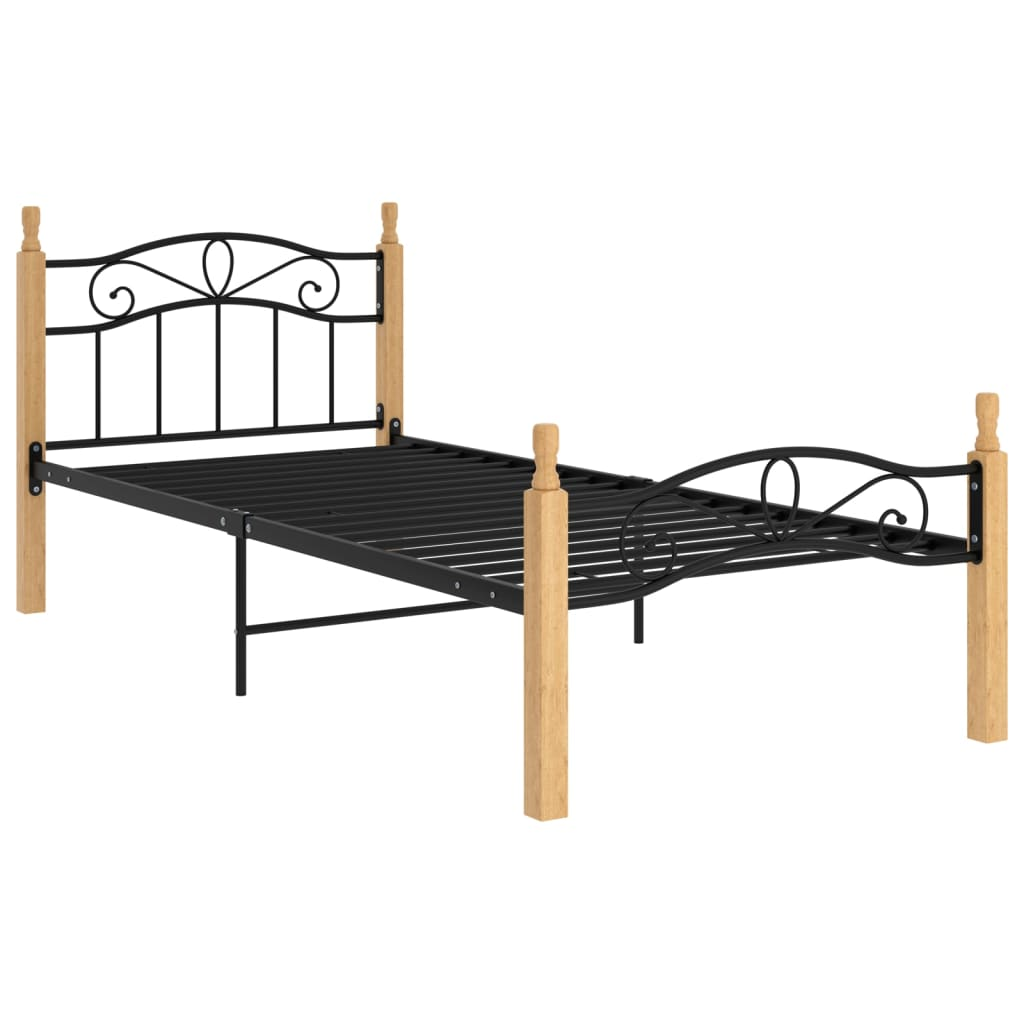 fekete fém és tömör tölgyfa ágykeret 100 x 200 cm (324912)