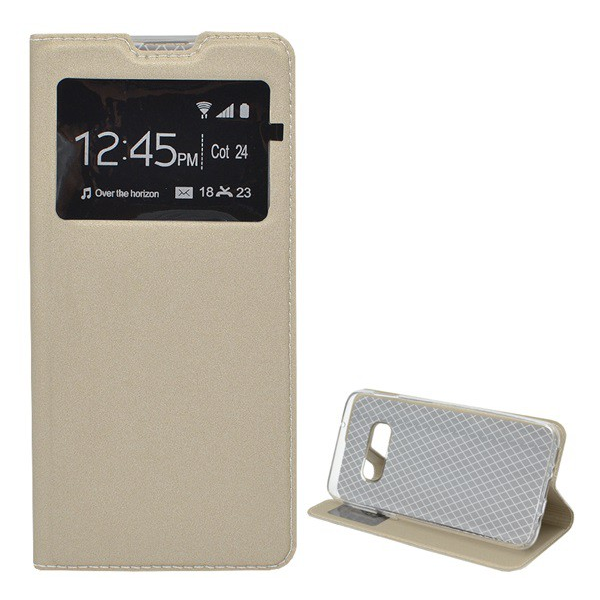 Tok álló, bőr hatású (FLIP, oldalra nyíló, asztali tartó funkció, View Window) ARANY [Samsung Galaxy S10e (SM-G970)] (5996457855414)